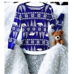Blue Winter-Themed Girls Thermal Pajama Shirt with Polar Bear and Tree Pattern